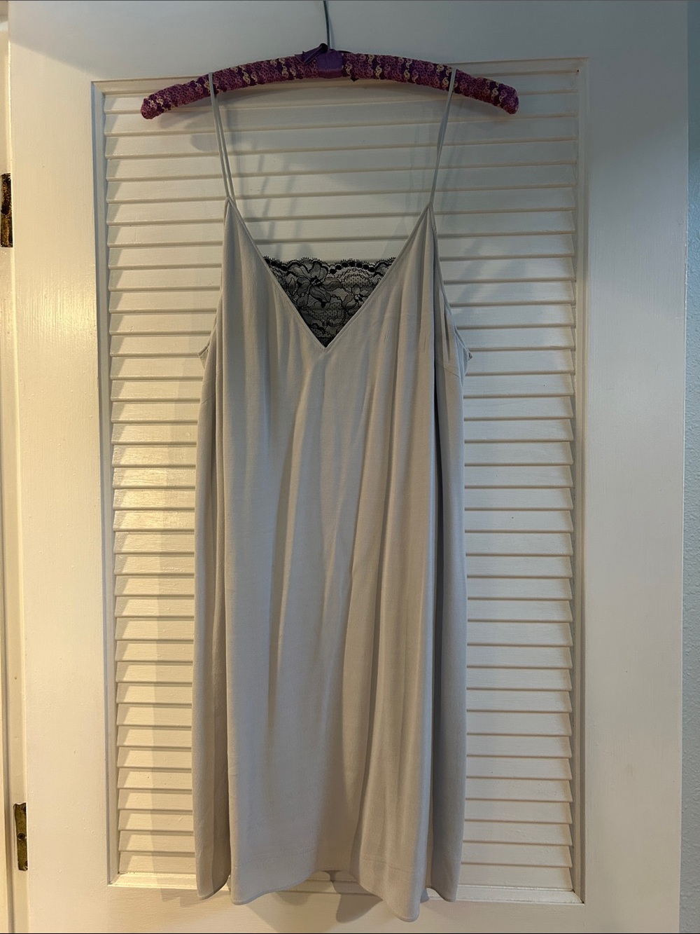 Wilfred Light Gray Satin Slip Dress with Black Lace Trim
